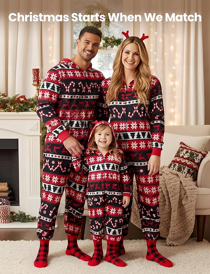 PATPAT Matching Family Christmas Onesie Pajamas – Holiday Hooded Jumpsuit Sleepwear PJs Couples Xmas Loungewear with Socks