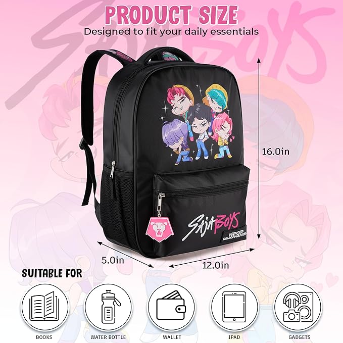 AI ACCESSORY INNOVATIONS K-Pop Demon Hunters Chibi Saja Boys 16” Backpack for Girls, Featuring Jinu, Abby, Mystery, Romance, & Baby, Saja Rubber Molded Bag Charm, Saja Boys