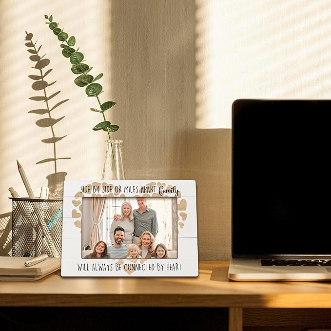 Family Heart Picture Frames, Gifts for Family Mom Dad Grandma Grandpa, Housewarming Gifts, Long Distance Wooden Photo Frames, Side by Side or Miles Apart Picture Photo Frame for Desk Table 4X6 Photos