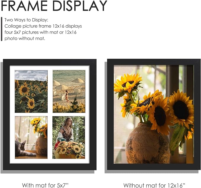 12x16 Picture Frame, 5x7 Collage Picture Frame, Displays Four 5x7 inch Photos, or 12x16 (Without Mat) for Available Horizontal Wall Mounting Display and Vertical, Black.