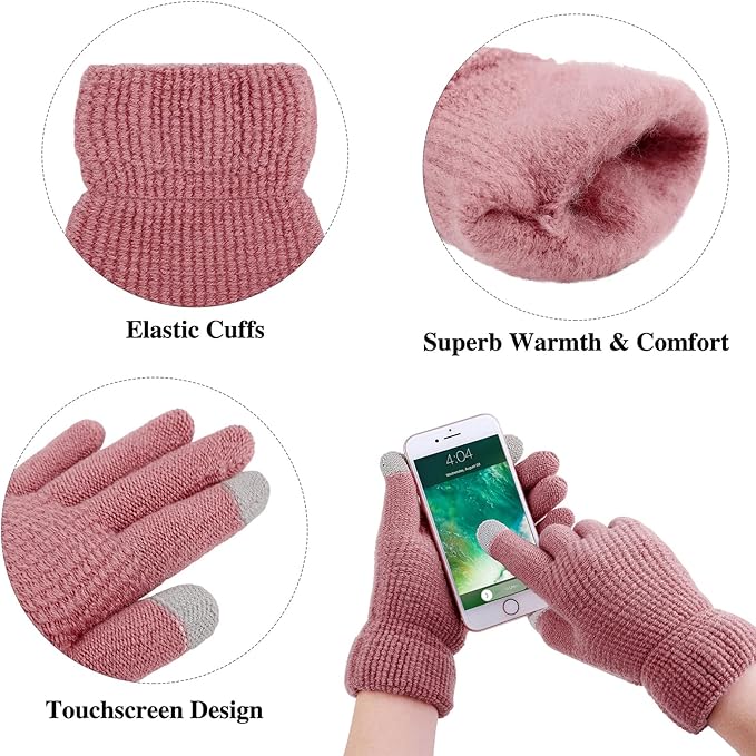 Aneco Womens Winter Warm Sets Knitted Fur Pompoms Beanie Hat Circle Loop Scarf Touch Screen Gloves Winter Favor Accessories