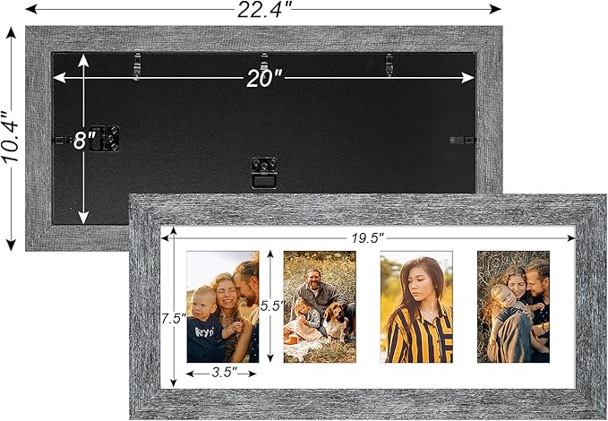 8x20 Picture Frame Display 4 opening 4X6 Picture Frame Collage,Multi Photo Frame with Mat,Plexiglass,Wall or Tabletop Decor,Grey Wood Grain