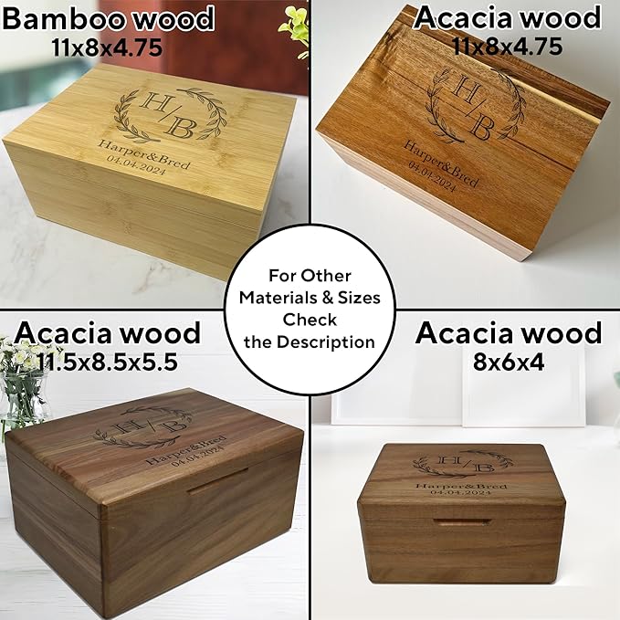 Personalized Wedding Keepsake Box Large - Acacia Wood Relationship Memory Box for Couples Keepsake, Custom Bridal Shower Gift, Engagement Gift Couple Wooden Gift Time Capsule, 11.5x8.5x5.5 in