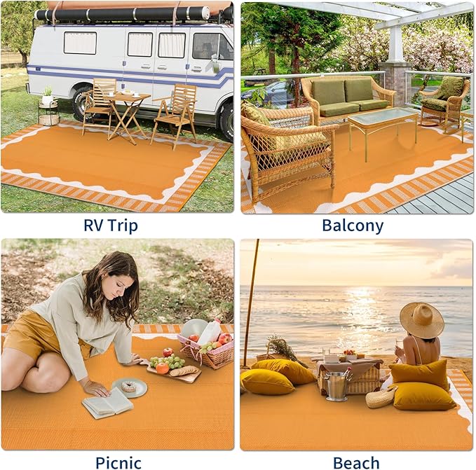 Outdoor Rug 8x10 Waterproof Patio Rugs Scalloped Border Reversible Mat for Front Door Rv Foldable Plastic Straw Carpet for Travel Trailers, Deck, Picnic, Porch, Camper, Balcony, Beach，Orange