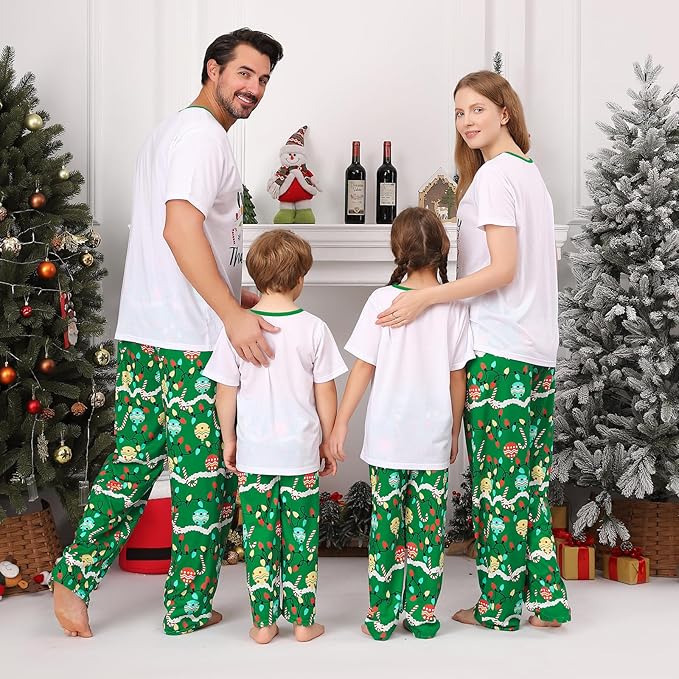 Christmas Pajamas for Family Matching Holiday PJ's Jammies Sets with Short Sleeve Tee and Pants Sleepwear Loungewear