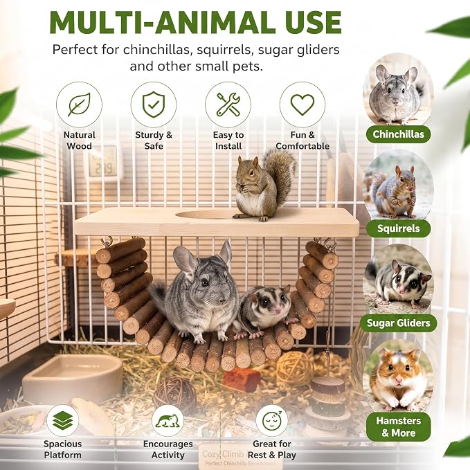 Natural Wood Chinchilla Platform, Small Pet Climbing Playground, Small Animals Cage Accessories for Chinchillas Squirrels Gerbils Sugar Gliders Hamsters Mice Rats Parrots