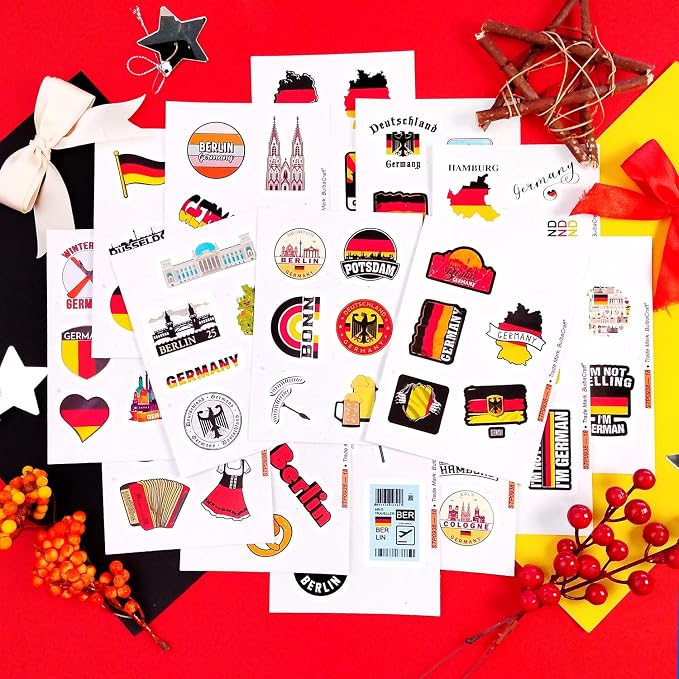 100Pcs Germany Stickers for Water Bottle and Laptop - Cultural Party Supplies & Decorations, Waterproof Vinyl German Decals, Germany Flag and Icon Stickers Laptop Decals, Gifts for Women & Men