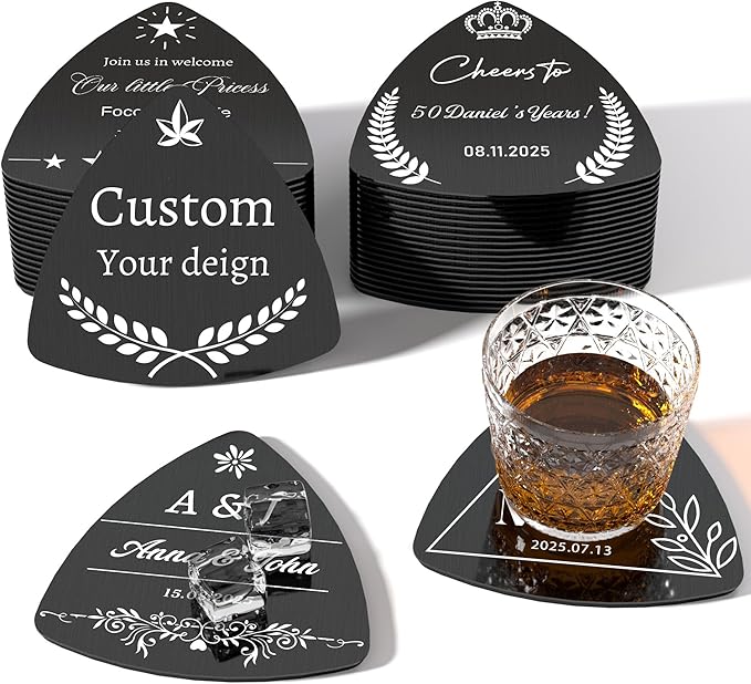 Personalized Coasters,Stainless Steel Coaster with Sponge Bottom,Engraved Drink Coasters with Logo/Name, Modern Coasters for Restaurant, Bar, Housewarming or Wedding Gift, Set of 6 (Black, Triangle)
