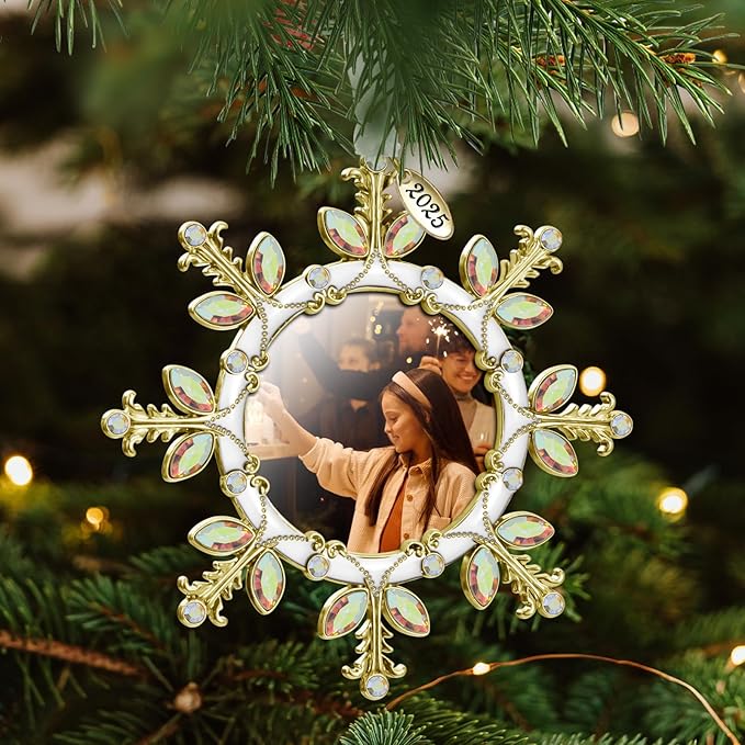 2025 Christmas Tree Ornament Snowflake Picture Frame Metal Hanging Pendant Holiday 2" Photo Frame Charm Decorative of Pets, Baby First Christmas, Family (Golden)