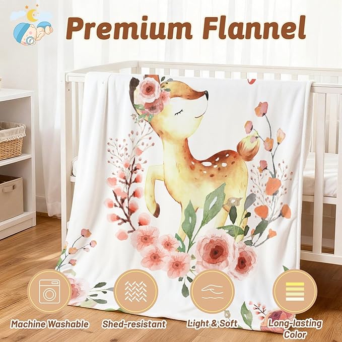 Custom Baby Name Deer Floral Blanket Personalized Blanket with Name Receiving Security Swaddle Blanket for Baby Girls Personalized, 30"x 40"