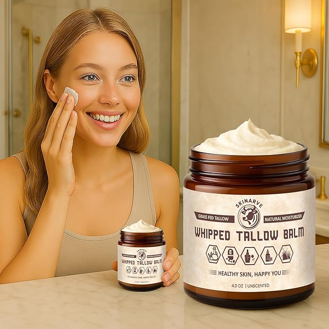 Beef Tallow for Skin 4oz Unscented, Organic Whipped beef Tallow and Honey Balm, 100% Grass Fed Beef Tallow Face Moisturizer For Dry Skin, Lip balm, Eczema Natural Tallow Moisturizer Lotion Body Butter