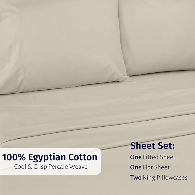 California Design Den Certified 100% Egyptian Cotton Sheets California King Size Set - Lightweight Percale California King Sheet Set with Deep Pockets, Cool, Crisp & Durable Luxury Bedding Set - Beige