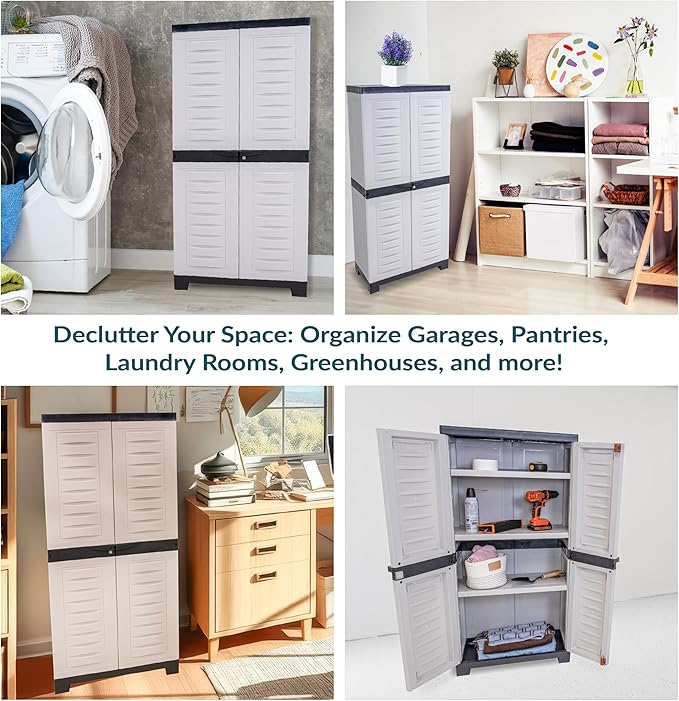 Sunnydaze 48" H Resin Garage Storage Cabinet - Garage Cabinet with Lockable Doors and Adjustable Shelves - Freestanding Utility Storage for Laundry Room, Office, Basement - Gray/Charcoal Trim