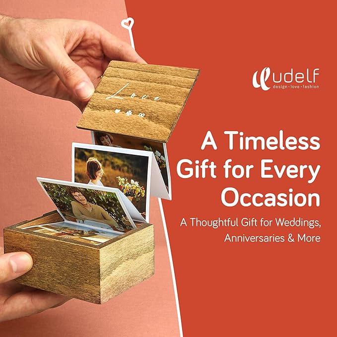 udelf Personalized Wooden Photo Box Gift with Accordion Picture Pull Out-Custom Gifts for Lover Husband Wife I Wedding Keepsake Box, Anniversary Box | Picture Box Gift I Holds 14 Photo Prints, 3""x2""