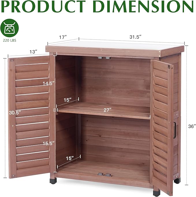 Outdoor Storage Cabinet & Potting Bench Table with Metal Top, Wooden Patio Furniture, Garden Workstation (Dark Brown, 36x31x17in)