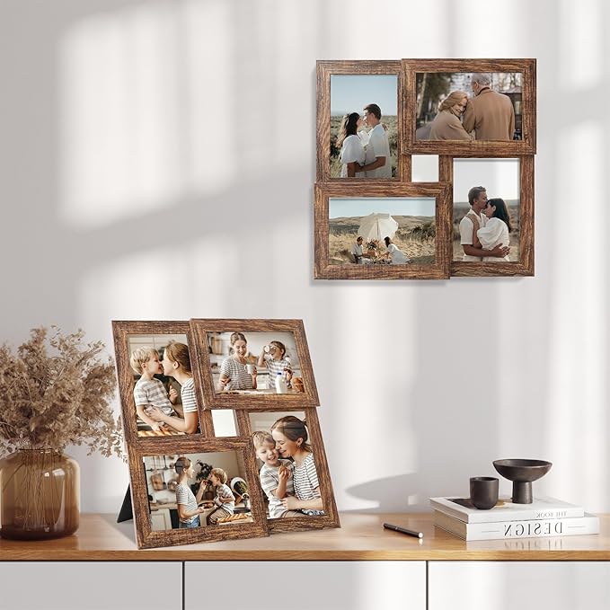 4x6 Collage Picture Frames, Multi Family Photo Frame with Real Glass, Displays Four 4x6 Photo, Wall Decor Wall Hanging or Tabletop, Rustic Brown