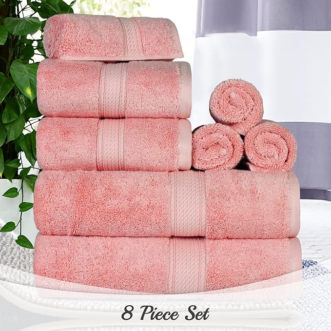 BLUENILEMILLS Madison Egyptian Cotton Towels, Towel Set for Bathroom, Shower, Hotel, Plush, 900 GSM, Highly Absorbent and Ultra-Soft Towels, Bath Essentials, 8 Piece Assorted Towel Set, Tea Rose