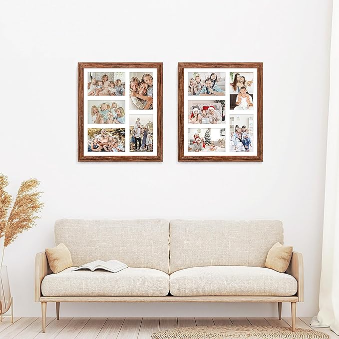 11x13 Collage frame with 5 Openings 4X6 Pictures, Multiple Picture Frame with Mat, Wall or Tabletop Decor, Carbonized Brown Wood Grain,2 Pack