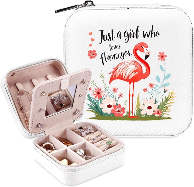 Flamingo Jewelry Box, Gifts For Women Teens Girls, Pink Flamingo Lovers Themed Stuff Items Accessories Things Merchandise Decor Merch, Travel Ring Earrings Necklace Organizer Holder!