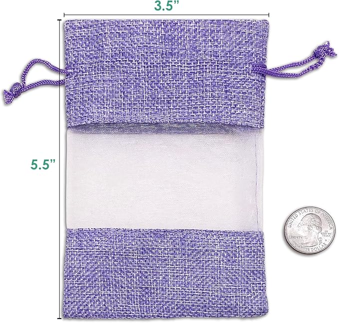 48-Pack Small Linen Burlap & Organza Gift Bags w. Drawstrings (3.5x5.5 in, Lavender) - Party Favors, Presents, Samples & Treats Mesh Pouch by The Display Guys