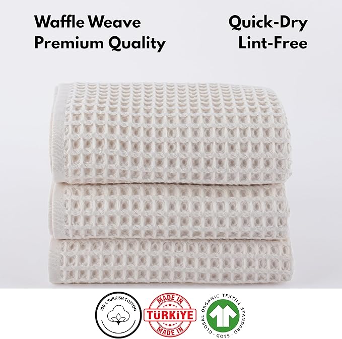 PÜSKÜL - Set of 3 Organic Waffle Hand Towel Natural Raw - Premium Quality, 100% Turkish Cotton, Soft, Quick-Dry, Absorbent, Lint-Free Face Kitchen Hand Towels (Natural Beige, Hand Towels - Pack of 3)