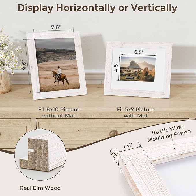 Fun Memories Picture Frame 8x10 - Real Tempered Glass, Solid Wood Photo Frame, Display 5x7 With Mat or Without Mat, Rustic Frame for Wall or Tabletop, White, 1 Pack