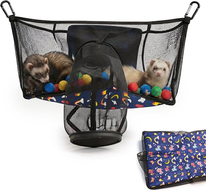 Ferret Ball Pit Hammock, Hanging Ferret Bed Cage Toy with Tunnel Compatible, Mesh Ferret Accessories for Small Animals, No Balls Included