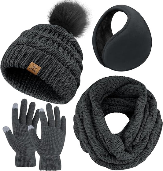 URATOT 4-In-1 Winter Warm Sets Knitted Scarf Touch Screen Gloves Beanie Pompom Hat and Winter Ear Warmer for Men or Women