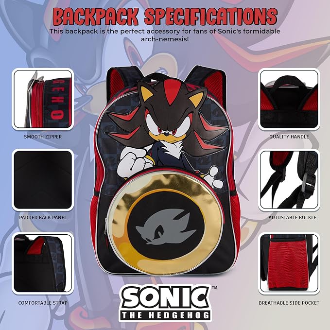 AI ACCESSORY INNOVATIONS Sonic The Hedgehog Backpack for Boys & Girls, Shadow 16 Inch Schoolbag with Die-cut Metallic Gold Ring Pocket, Black