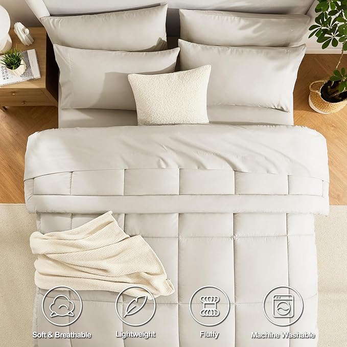 CozyLux California King Comforter Sets Oatmeal, 7 Pieces Cal King Bed in a Bag, All Season Bedding Sets with Stitch Quilted Comforter, Flat Sheet, Fitted Sheet, Pillowcases