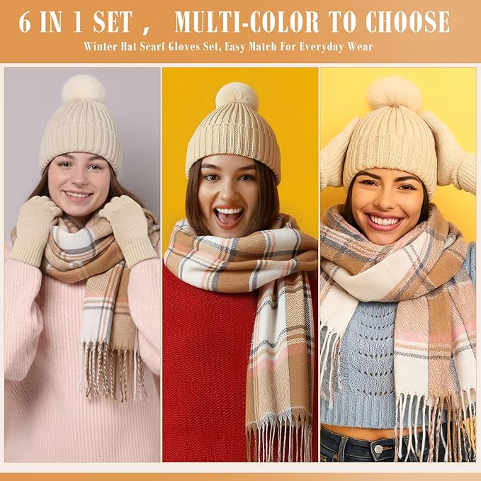 Geyoga 6 Pcs Winter Hat Scarf Gloves Set Knitted Touchscreen Gloves Plaid Scarf Earmuffs Socks Gift for Women Men