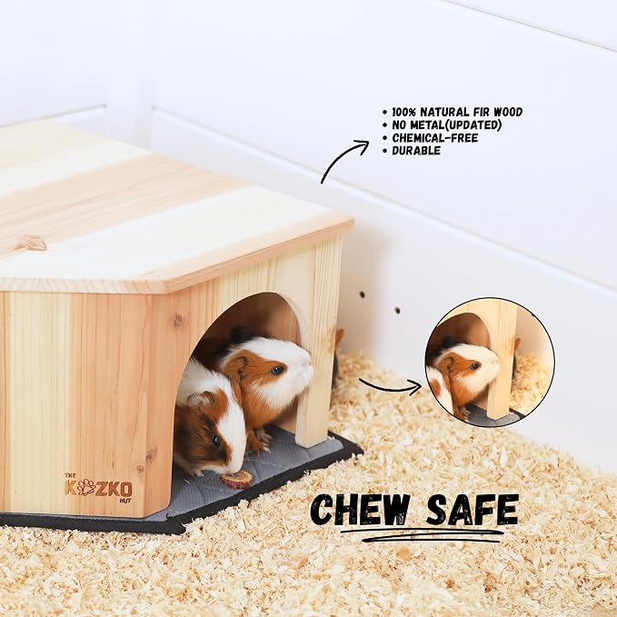 Wooden Guinea Pig Corner Hideout - Hidey for Chinchilla, Rat and Hedgehog with Pee Pad, Fully Assembled & Dual Entrances - Guinea Pig Accessories by The Kozko Hut