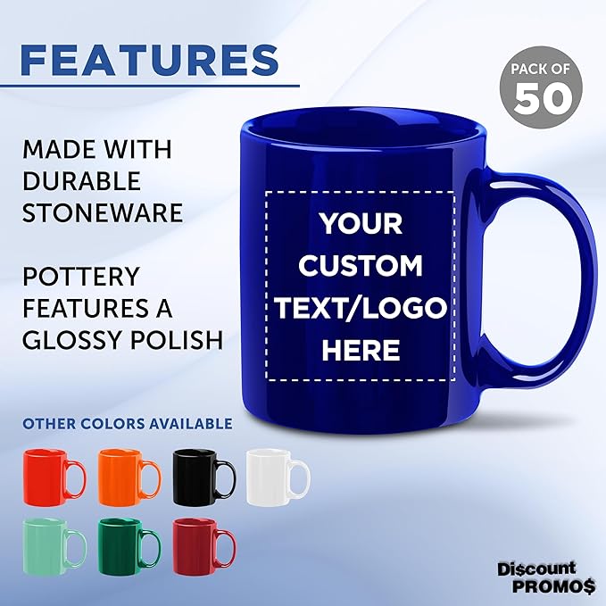 Custom Ceramic Coffee Mugs 11 oz. Set of 50, Personalized Bulk Pack - Coffee cup set, Iced coffee cup, Gaming mug - Cobalt Blue