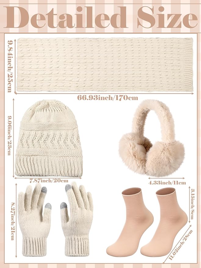 Geyoga 6 Pcs Women Winter Beanie Hat Scarf Gloves Ear Muffs Fuzzy Socks Set, Touchscreen Gloves for Thermal Gift Cold Weather