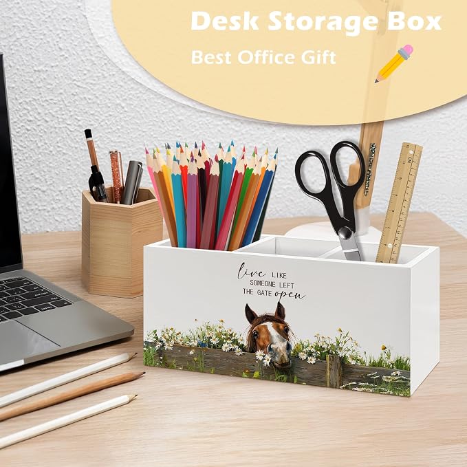 Farmhouse Horse Pen Holder Organizer Desk Decor, Gifts for Horse Lovers, Live Like Someone Left the Gate Open Wooden Pen Pencil Holders for Home Office Desk Accessories