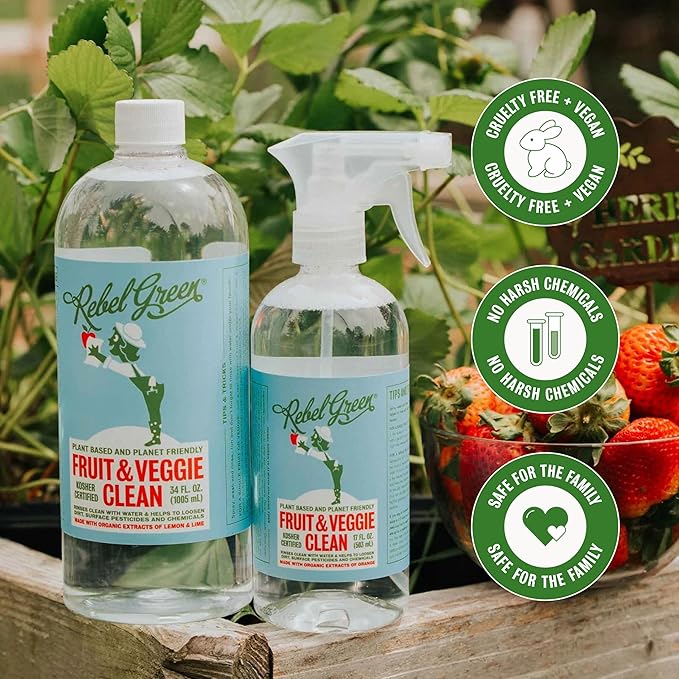 Rebel Green Fruit & Veggie Clean - Plant-Based Produce Cleaner - Natural Fruit & Vegetable Wash with No Aftertaste - Chemical & Wax Removal - 16 Fluid Ounces Bottle & 64 Fluid Ounces Bottle