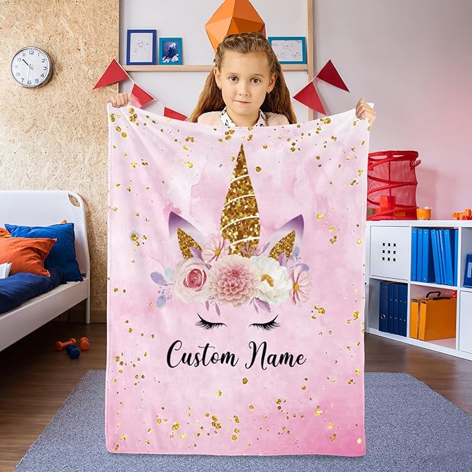 Personalized Unicorn Blanket with Name for Girl, Custom Name Blanket for Teen, Soft Flannel Pink Unicorn Toddler Blanket Customized Gift for Birthday New Year Gift 50''x60''