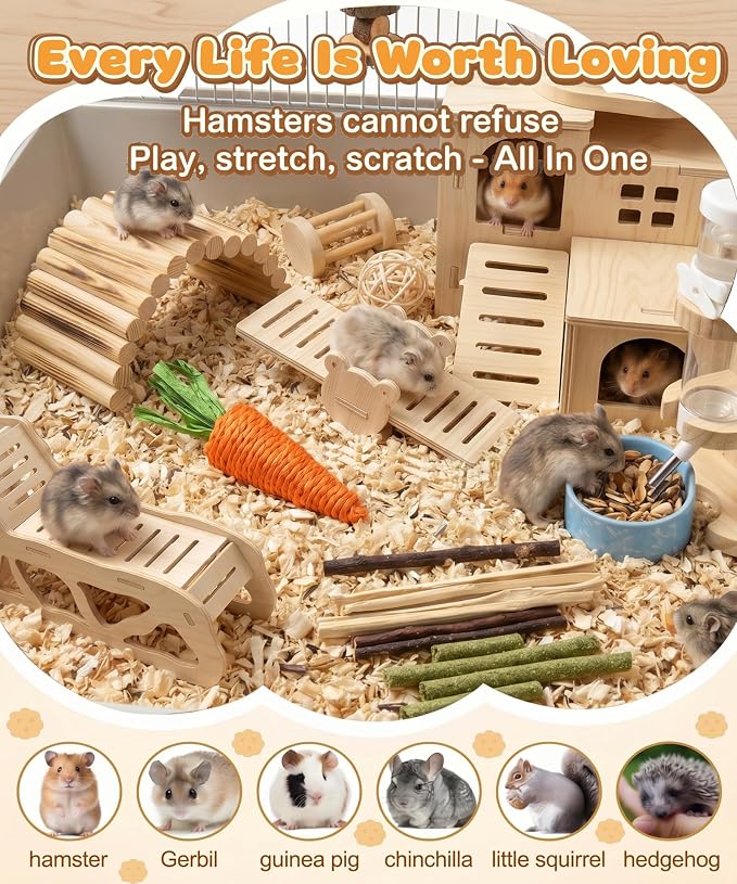 Hamster Cage Accessories, Rat Guinea Pig Chew Toys Ball Set | Silent Wheel, Maze Wood House and Water Bottle, Habitat Hideout Natural Molar Tools for Hamster, Guinea Pig, Bunny, Rabbit