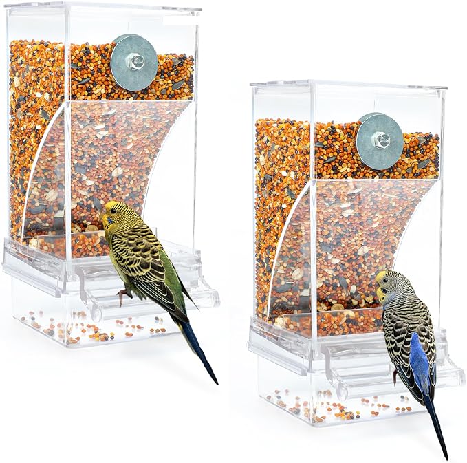 Rypet 2 Pack No-Mess Automatic Bird Feeder, Parakeet Cage Accessories | 16 oz Seed Capacity, Transparent Acrylic Food Level Check, Helps Reduce Seed Scatter, for Cockatiel Parrot Cockatoo Canary