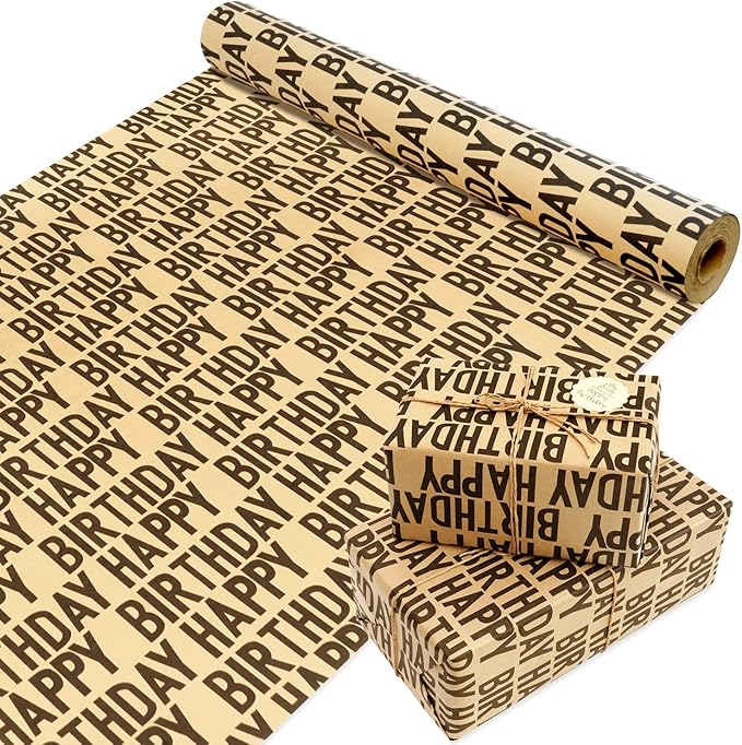 MAMUNU Birthday Wrapping Paper Roll, Black Kraft Happy Birthday Wrapping Paper Jumbo Roll, Brown and Black Kraft Gift Wrap Set for Boys Men Women Girls, 17x590 inch (70 sq. ft.)