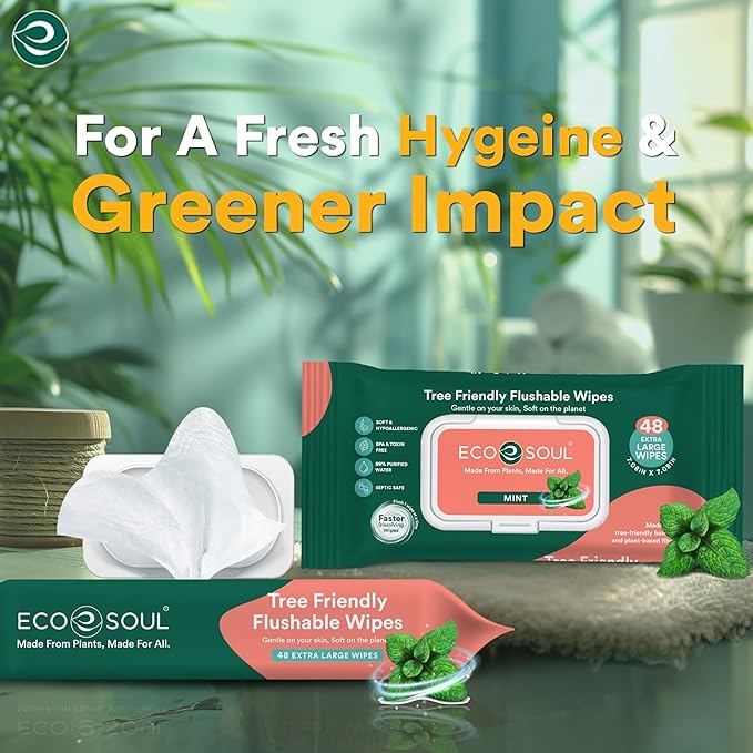 ECO SOUL Bamboo Flushable Wipes For Adult - Mint, 4 Pack of 48, Eco-Friendly, 99% Purified Water, Hypoallergenic, Soft, BPA & Paraben Free