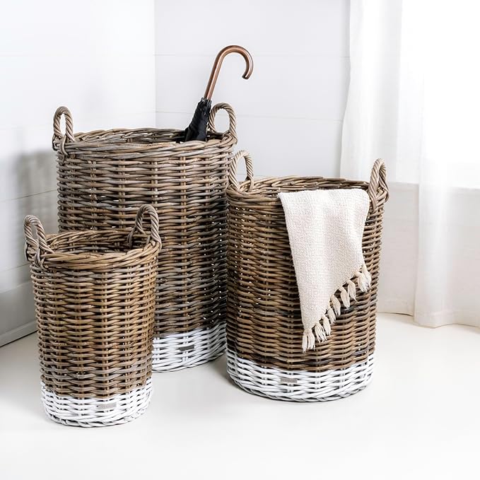 happimess BSK1000A-3SET Ternion Cottage Hand-Woven Rattan Nesting Wicker Storage Baskets w/ Handles, Seagrass Container for Decoration in Bedroom, Living Room, Laundry Room, Kubu Gray/White (Set of 3)
