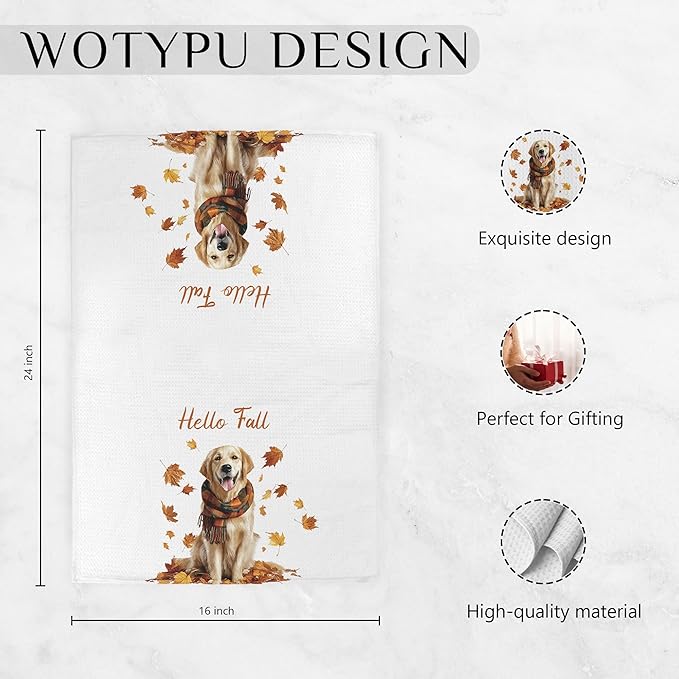 Fall Golden Retriever Kitchen Towels, Golden Retriever Lover Gifts Dish Tea Towel for Kitchen Decor, Farmhouse Fall Autumn Maple Leaf Dog Hand Towels for Bathroom Decor, 16x24 Inch