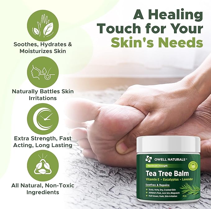 OWELL NATURALS Tea Tree Antifungal Balm – Soothing & Fast-Acting Relief for Athlete’s Foot, Jock Itch, Dry Cracked Skin, and Rashes – Natural Healing Ointment for Feet & Body, 2 oz (2 Pack)