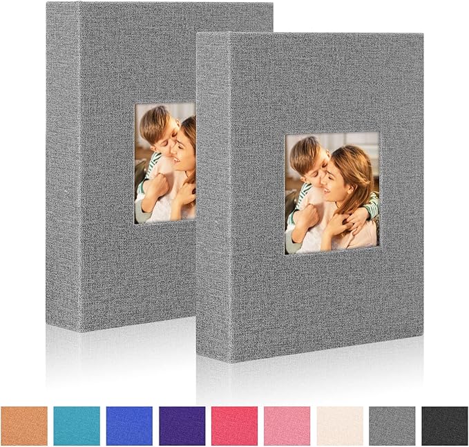 Ywlake Photo Album 4x6 100 Pockets 2 Packs, Small Mini Capacity Linen Photo Album Bulk Sets, Each Pack Holds 100 Top Loader Vertical Only Picture for Kids Boy Girls Grey