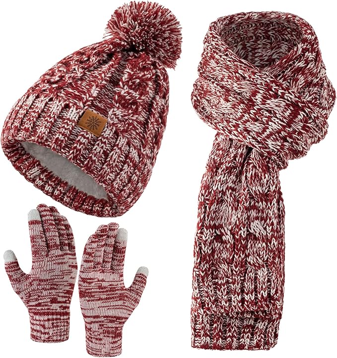 Tavaleu Womens Winter Beanie Hat Scarf Gloves Set, Pom Pom Beanie Warm Knit Scarf Touchscreen Gloves for Cold Weather