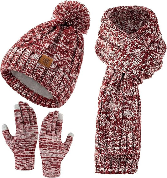 Tavaleu Womens Winter Beanie Hat Scarf Gloves Set, Pom Pom Beanie Warm Knit Scarf Touchscreen Gloves for Cold Weather