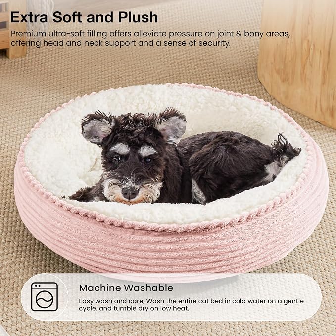 Love's cabin Round Donut Cat and Dog Cushion Bed, 24in Pet Bed for Small or Medium Dogs, Anti-Slip & Water-Resistant Bottom, Soft Durable Fabric Pet Beds, Washable Calming Cat Bed Light Pink