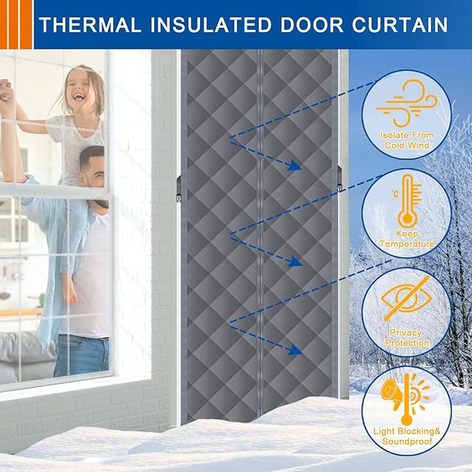 Magnetic Thermal Insulated Door Curtain,Fits Door Size 72'' x 80'', Durable Oxford Cloth Thicken Cotton Fiber Fill, Temporary Doors Insulation Cover,Soundproof Weatherproof Doors Blanket