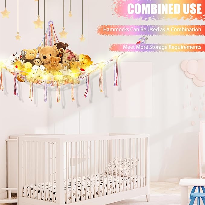 CERETIA Stuffed Animal Hammock with LED Light, Large Stuffed Animals Storage Corner Plushie Net for Kids Room Decor, Rainbow
